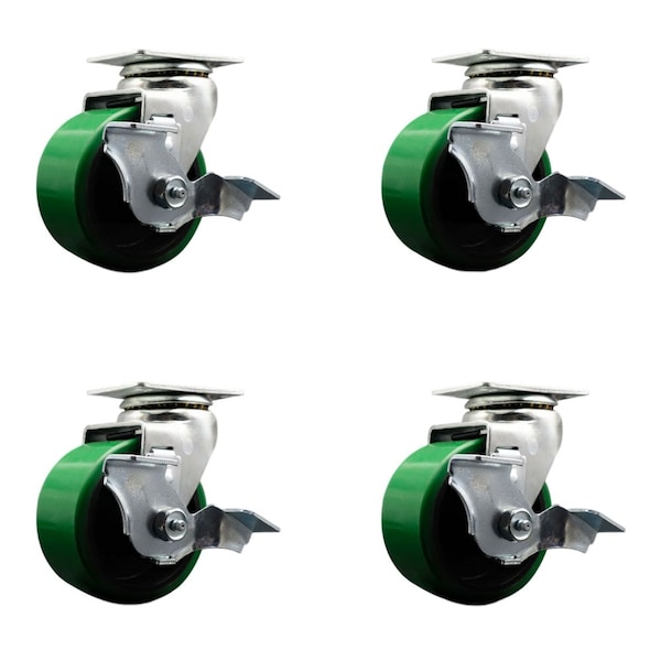 Tool Box Caster Wheel Set 4'' Green Poly on Cast Iron Swivel Casters, 4PK